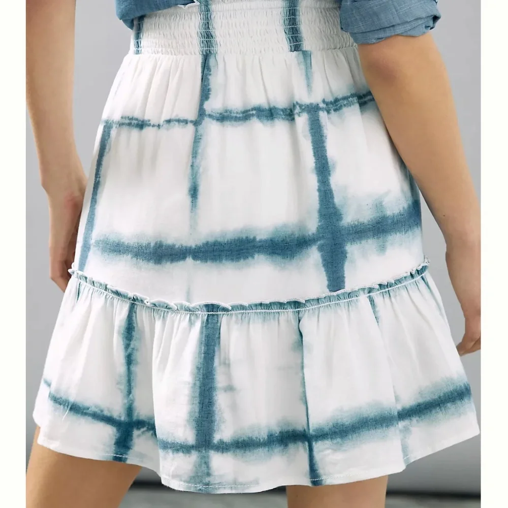 Pilcro/Anthropologie Tie-Dye Linen Blend Mini Skirt Blue Motif XL Boho Beach NWT - Picture 2 of 16